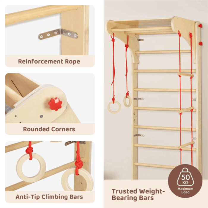Set spalier gimnastică cu Bara/Inele/Scară de cățărat, Reglabil, din lemn/placaj pentru copii +3 ani [5]