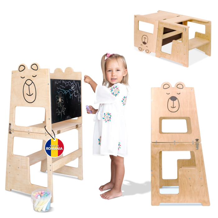 Turn de invatare, Bear, tip Montessori, cu tabla de scris, pentru copii +12 luni, placaj/lemn natural [1]