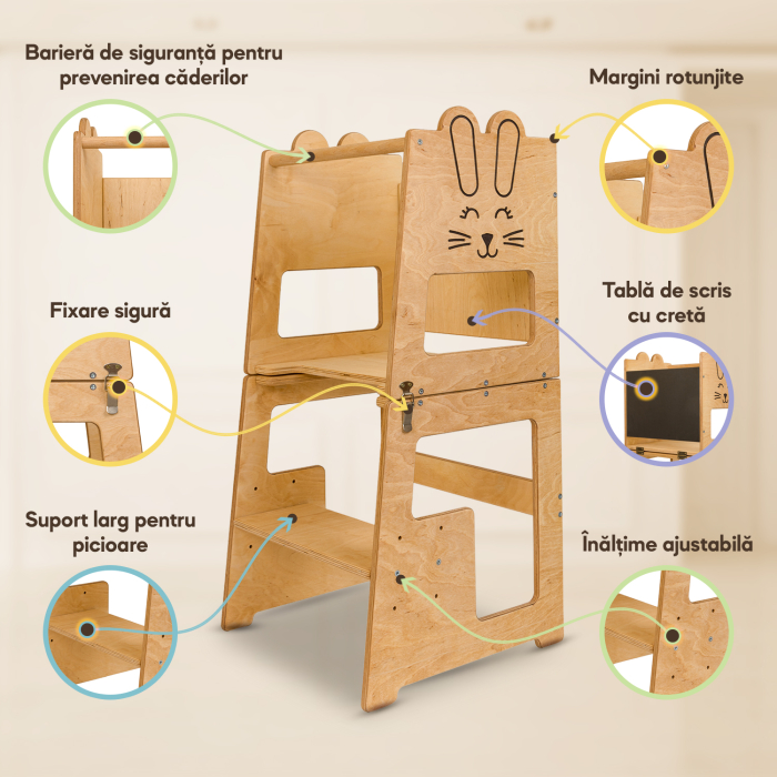 Turn de invatare, Bunny, tip Montessori, cu tabla de scris, pentru copii +12 luni, placaj/lemn natural [3]