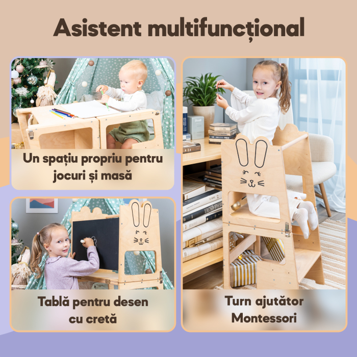 Turn de invatare, Bunny, tip Montessori, cu tabla de scris, pentru copii +12 luni, placaj/lemn natural [5]