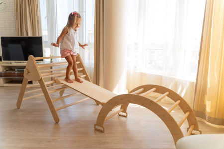 Set de catarare mare 3in1, Triunghi Pikler cu Rampa si Arc Escaladare, pentru copii, 2-7 ani, lemn [5]