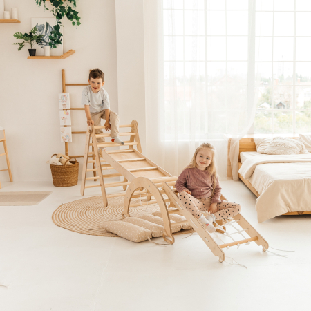 Jucarii pentru copii - Set de cățărare Montessori 5în1: Triunghi Pikler + Arc/Balansoar + Tobogan/Rampă + Plasă de cățărare + Pernă