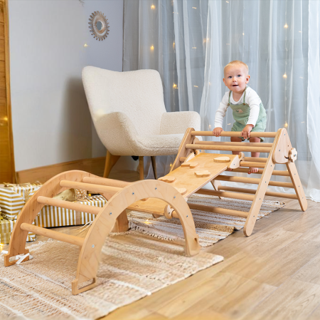 Jucarii pentru copii - Set de joaca 3in1 Pikler/Montessori, triunghi de escaladare cu tobogan si arc de catarare