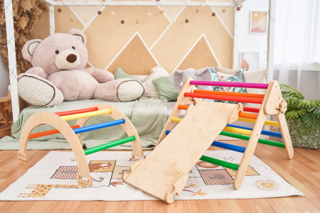 Jucarii pentru copii - Set de joaca 3in1 Pikler/Montessori, triunghi de escaladare cu tobogan si arc de catarare, multicolor
