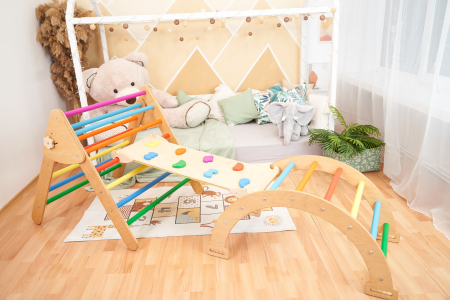 Jucarii pentru copii - Set de joaca 3in1 Pikler/Montessori, triunghi de escaladare cu tobogan si arc de catarare, pastel