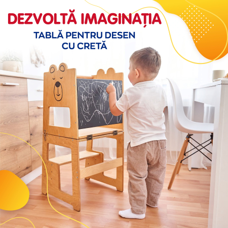Turn de invatare, Bear, tip Montessori, cu tabla de scris, pentru copii +12 luni, placaj/lemn natural [4]