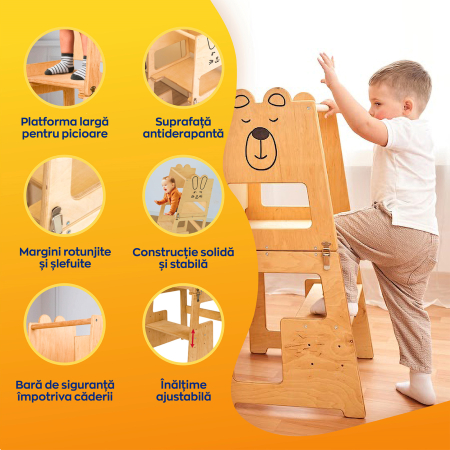 Turn de invatare, Bear, tip Montessori, cu tabla de scris, pentru copii +12 luni, placaj/lemn natural [1]