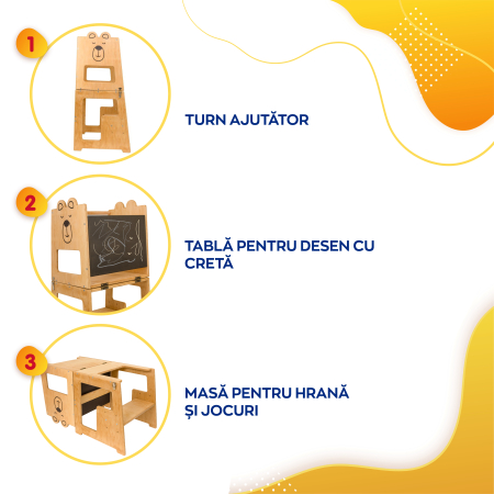 Turn de invatare, Bear, tip Montessori, cu tabla de scris, pentru copii +12 luni, placaj/lemn natural [2]