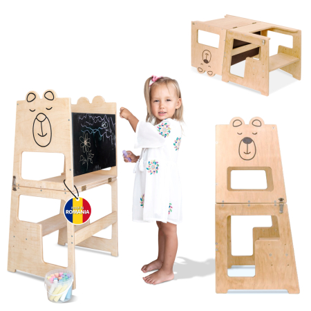 Produse - Turn de invatare, Bear, tip Montessori, cu tabla de scris, pentru copii +12 luni, placaj/lemn natural