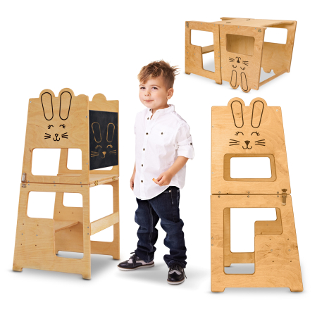 Produse - Turn de invatare, Bunny, tip Montessori, cu tabla de scris, pentru copii +12 luni, placaj/lemn natural