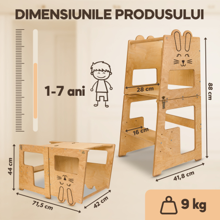 Turn de invatare, Bunny, tip Montessori, cu tabla de scris, pentru copii +12 luni, placaj/lemn natural [3]