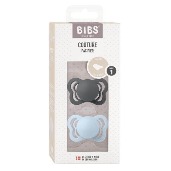 BIBS - Set 2 suzete Couture Silicon, tetina anatomica, 0 luni +-Iron/Baby Blue [2]