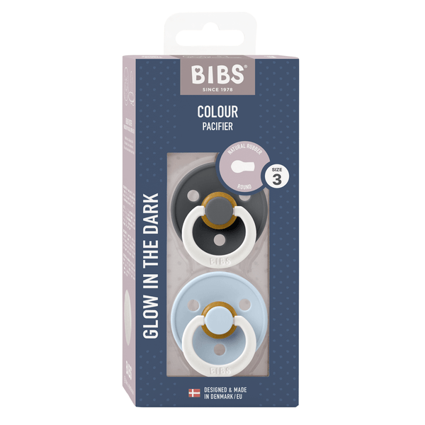 BIBS - Set 2 suzete fosforescente Colour Glow Latex, tetina rotunda, 18 luni +-Iron/Baby Blue [2]