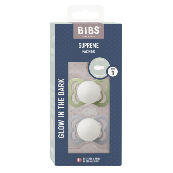 BIBS - Set 2 suzete Supreme Fosforescente GLOW Silicon, tetina simetrica, 0 luni +-Sage/Cloud [2]