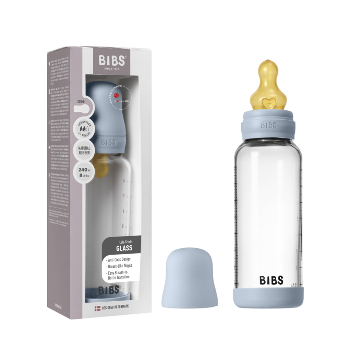 BIBS - Set complet biberon din sticla anticolici cu tetina din latex, flux mediu, 240 ml, Baby Blue [6]