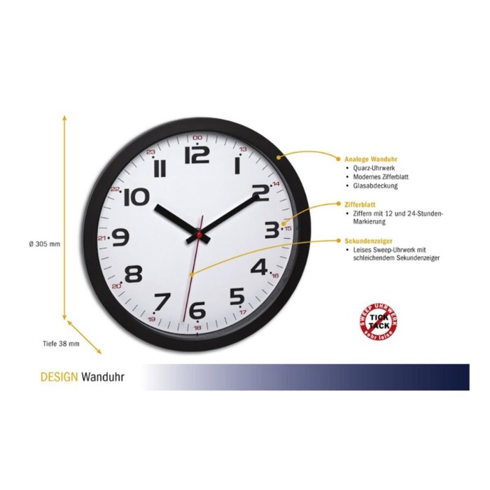 Ceas analog silentios de perete, cu capac din sticla, cifre mari, negru, TFA 60.3050.01 [2]