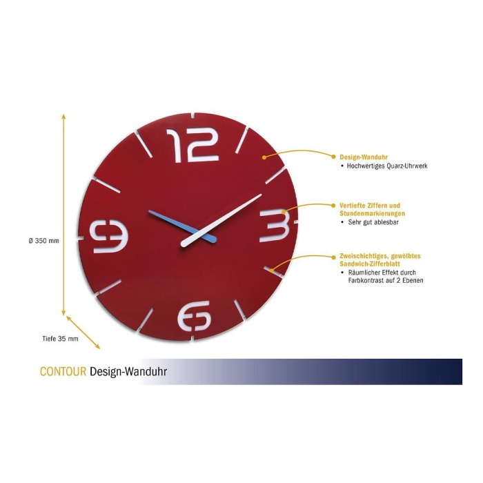 Ceas de perete colorat, analog, creat de designer, model CONTOUR, rosu, TFA 60.3047.05 [2]