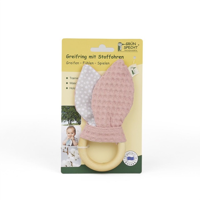 Jucarie cu inel de prindere din lemn si urechi din material textil, roz, Gruenspecht 571-V2 [2]