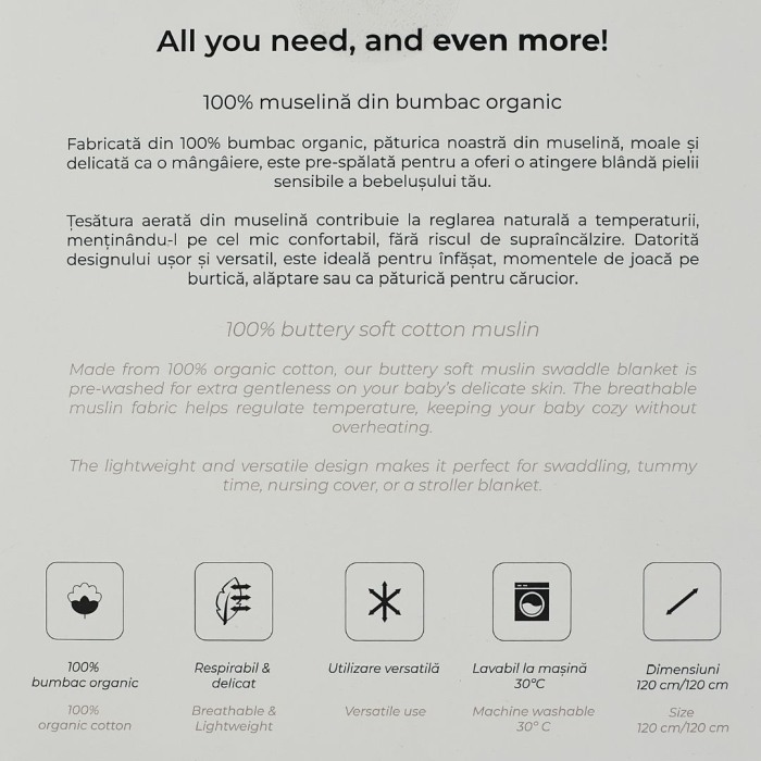 ONINO - Muselina multifunctionala din bumbac 100% organic, SNUGGLE.me, Pure Life, x1 bucata, 120 x 120 cm, certificata GOTS [9]