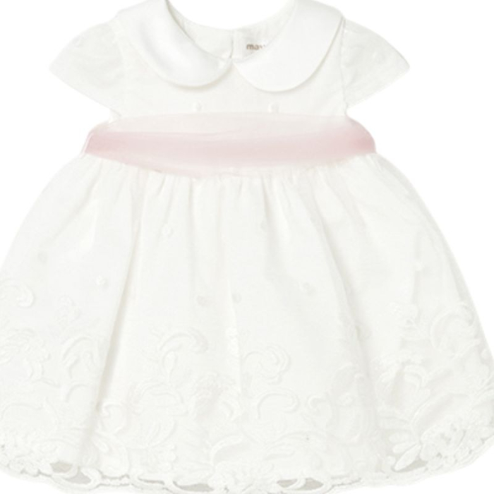 Rochie ceremonie nou-nascuta off white cu broderie si cordon roz – Mayoral [2]