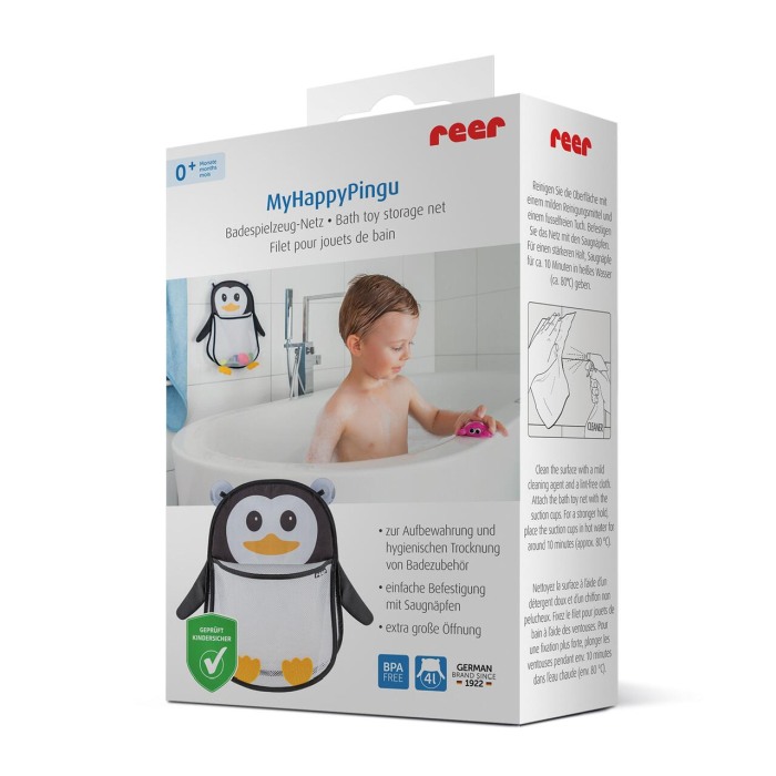 Saculet din plasa pentru jucarii de baie, prindere cu ventuze, forma de pinguin, fara BPA, 0+ luni, Reer MyHappyPingu 76062 [3]