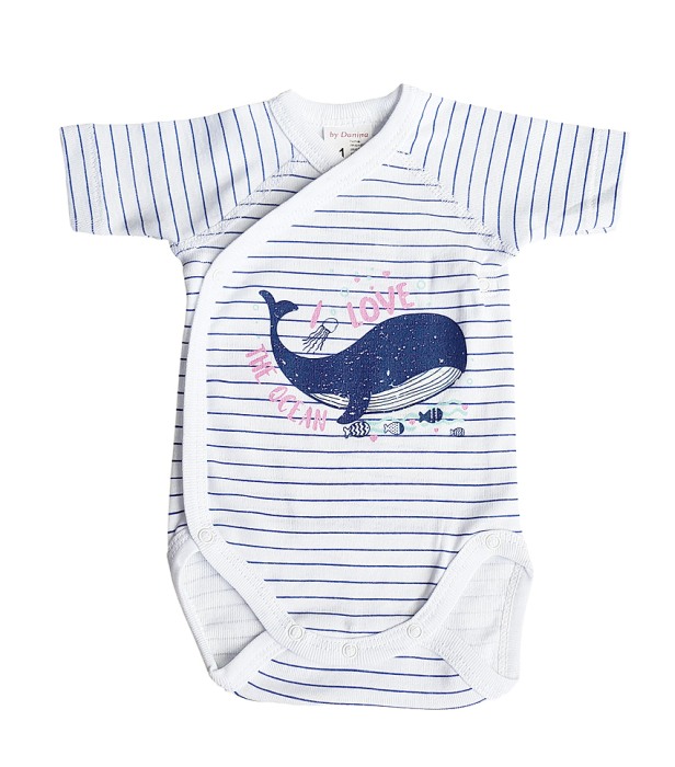 Set 2 body uri cu maneca scurta alb/albastru Balena 6 luni [3]