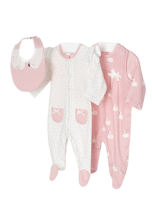 Set 2 salopete (pijamale) ECOFRIENDS - lebede / buline + bavetica - Mayoral 4-6 luni [3]