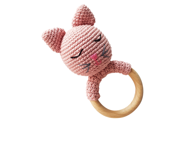 Set jucarii crosetate manual pentru dentitie si suzeta - Pisica - roz - Maimutzeria Tiarra [2]