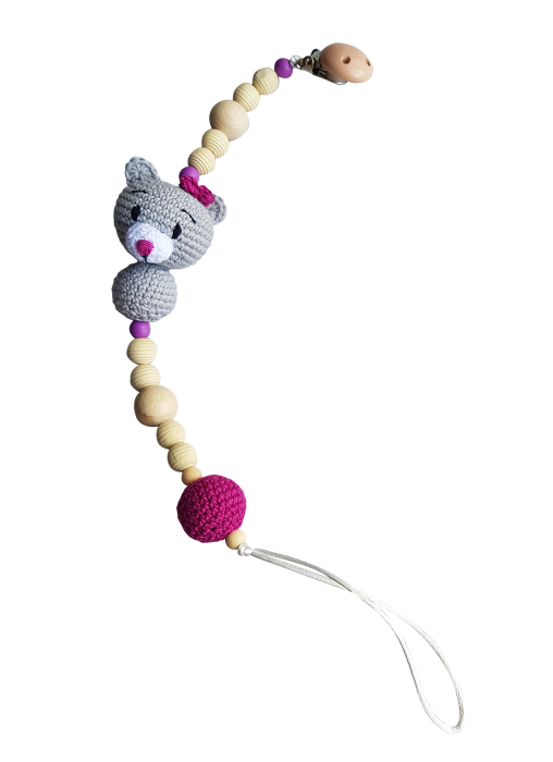 Set jucarii crosetate manual pentru dentitie si suzeta - Ursulet - gri / floricica - Maimutzeria Tiarra [3]
