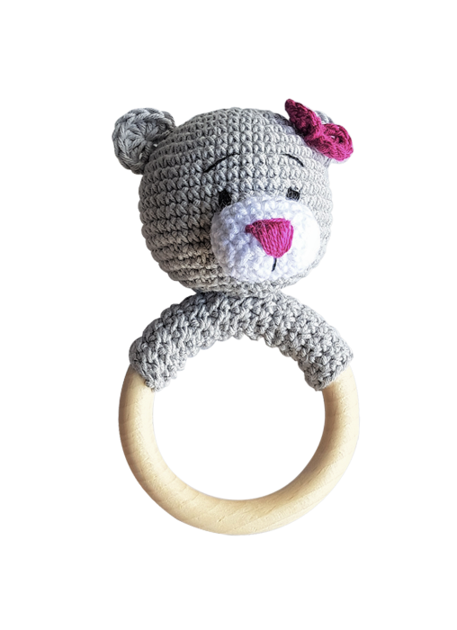 Set jucarii crosetate manual pentru dentitie si suzeta - Ursulet - gri / floricica - Maimutzeria Tiarra [2]