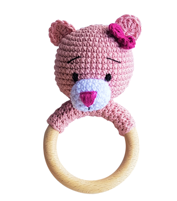 Set jucarii crosetate manual pentru dentitie si suzeta - Ursulet roz / magenta - Maimutzeria Tiarra [2]