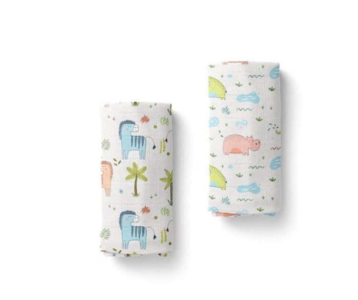 Set paturici/scutece muselina organica Elephants, Hippo, Zebras [2]