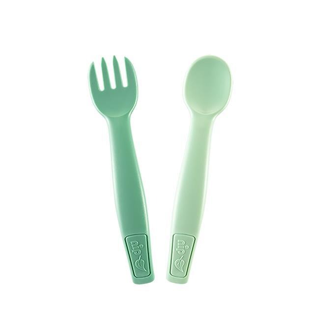 Set tacamuri Eat Green pentru bebelusi, lingurita si furculita, din plastic bio, lavabile in masina de spalat vase, 9+ luni, nip 38605, green [2]