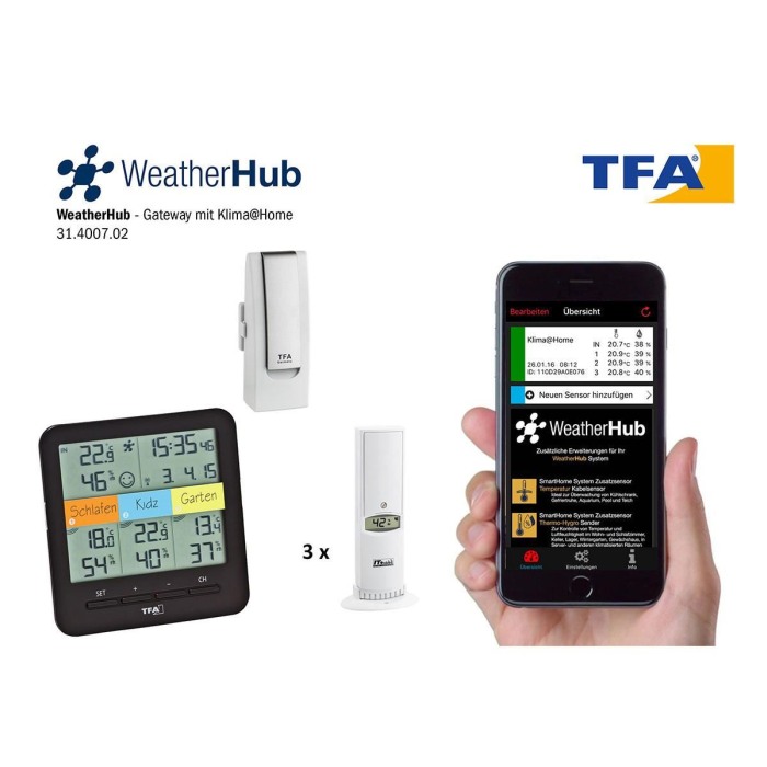 Sistem meteo SmartHome cu termo-higrometru si 3 senzori wireless, comunicare cu smartphone WEATHERHUB, TFA 31.4007.02 [3]