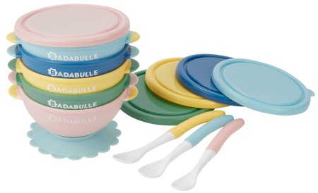 Tacamuri vesela recipiente - Badabulle - Set 5 boluri si 3 lingurite colorate