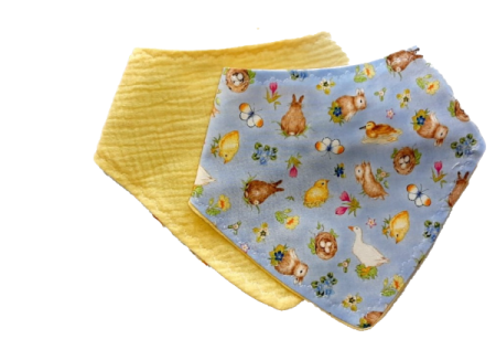 Reduceri de Paste pentru copii - Baveta 2 fete - muselina galbena si iepurasi