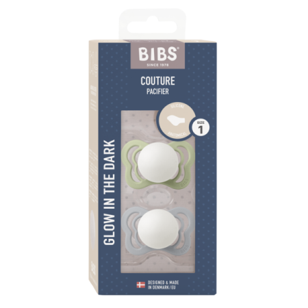 BIBS - Set 2 suzete Fosforencente Couture Glow Silicon, tetina anatomica, 0 luni +-Sage/Cloud [1]