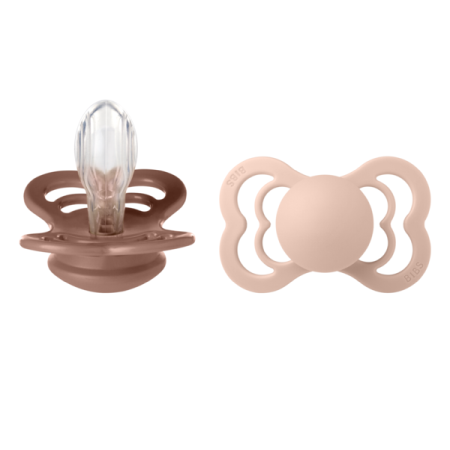 Suzete - BIBS - Set 2 suzete Supreme Silicon, tetina simetrica, 6 luni +-Blush/Woodchuck