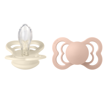 Suzete - BIBS - Set 2 suzete Supreme Silicon, tetina simetrica, 6 luni +-Ivory/Blush