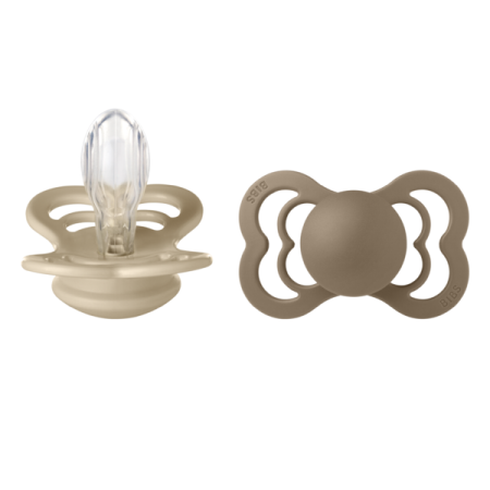 Suzete - BIBS - Set 2 suzete Supreme Silicon, tetina simetrica, 6 luni +-Vanilla/Dark Oak