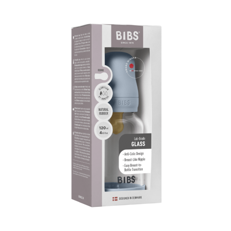 BIBS - Set complet biberon din sticla anticolici cu tetina din latex, flux lent, 120 ml, Baby Blue [6]