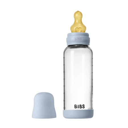 Suzete - BIBS - Set complet biberon din sticla anticolici cu tetina din latex, flux mediu, 240 ml, Baby Blue