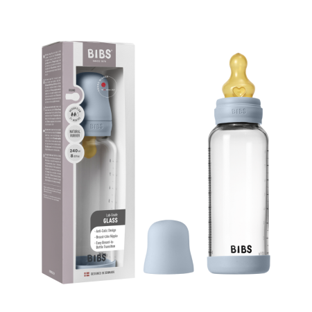 BIBS - Set complet biberon din sticla anticolici cu tetina din latex, flux mediu, 240 ml, Baby Blue [5]