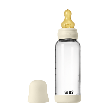 Suzete - BIBS - Set complet biberon din sticla anticolici cu tetina din latex, flux mediu, 240 ml, Ivory