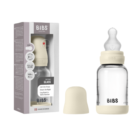 BIBS - Set complet biberon din sticla anticolici cu tetina din silicon flux lent, 120 ml, Ivory [5]