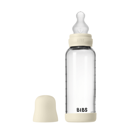 Suzete - BIBS - Set complet biberon din sticla anticolici cu tetina din silicon, flux mediu, 240 ml, Ivory