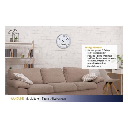 Ceas analog silentios de perete, cu termometru si higrometru digital, alb, TFA 60.3048.02 [1]