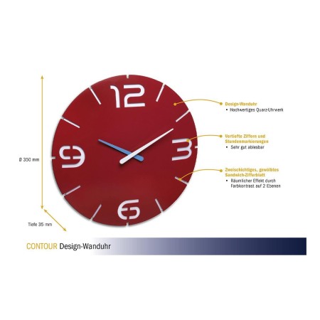 Ceas de perete colorat, analog, creat de designer, model CONTOUR, rosu, TFA 60.3047.05 [1]