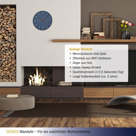 Ceas silentios de precizie din lemn, analog, de perete, design minimalist, albastru, TFA 60.3054.06 [2]