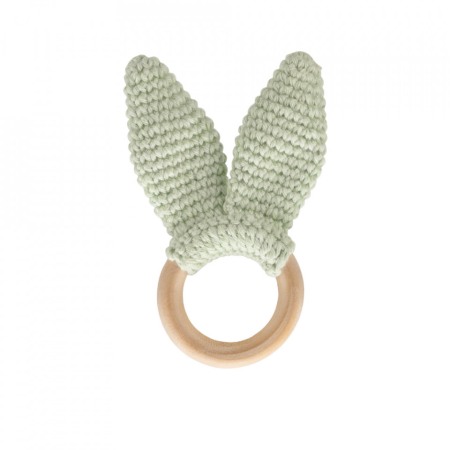 Jucarii dentitie - Jucarie Amigurumi verde pentru dentitie din bumbac cu inel din lemn BabyJem